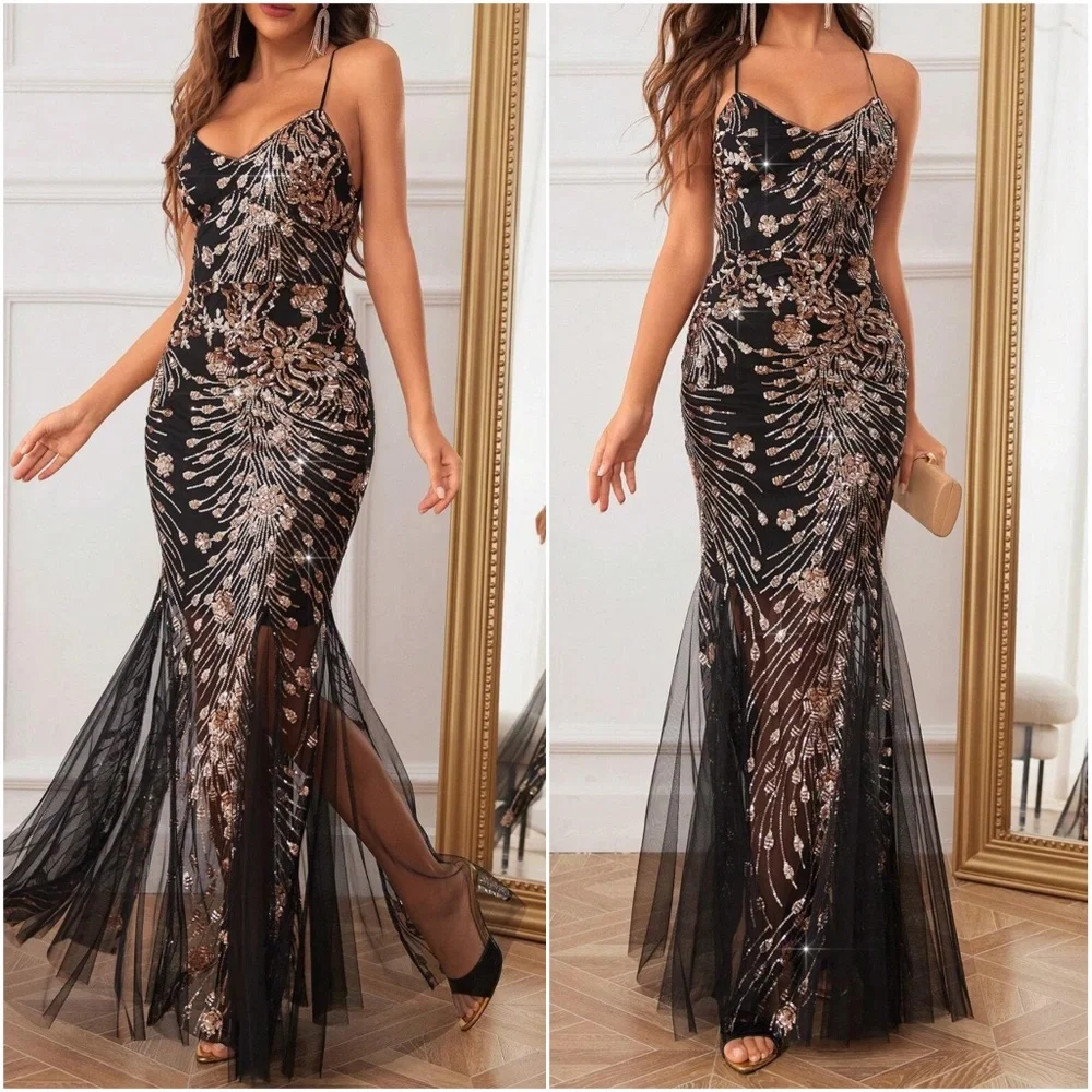 Luxe Sequin Floral Criss Cross Backless Party Formal Wedding Dress - Picture 7 of 7